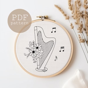 Harp and Floral Embroidery Pattern: Music Instrument Design, gift for crafter (PDF Pattern)