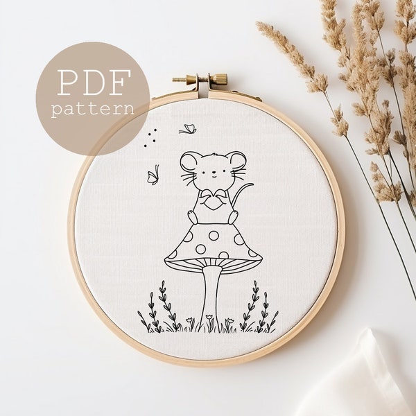 Mouse Embroidery Pattern, Spring Embroidery, Mouse Hoop Art, Hand Embroidery PDF Pattern, Instant Download, embroidery trendy, nursery art