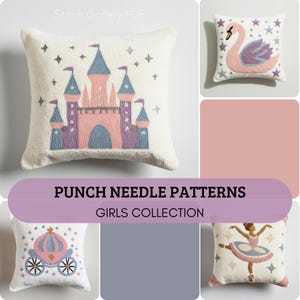 May include: A collection of punch needle patterns for girls. The patterns include a castle, a swan, a carriage, and a ballerina. The patterns are all in a soft, pastel color palette.