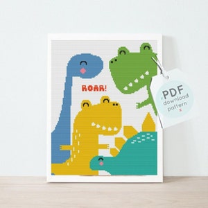 May include: Cross stitch pattern featuring four cartoon dinosaurs in blue, green, and yellow. The dinosaurs are arranged in a playful pose with the text "ROAR!" in red.