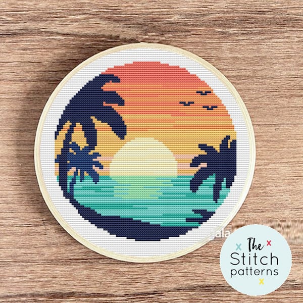 Tropical Sunset Cross Stitch Pattern: Summer Landscape Embroidery (PDF)