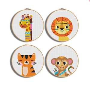 Jungle Animals Cross Stitch, SET OF 4, safari animals patterns,jungle friends, cross stitch, Safari Animals xstitch, Nursery cross Stitch