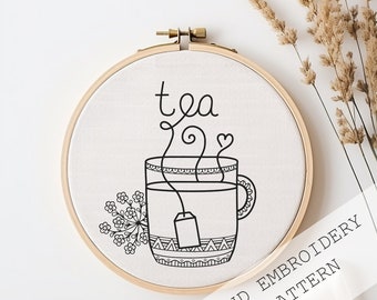 Patrón de bordado a mano de una taza de té con forma de flor (patrón en PDF)