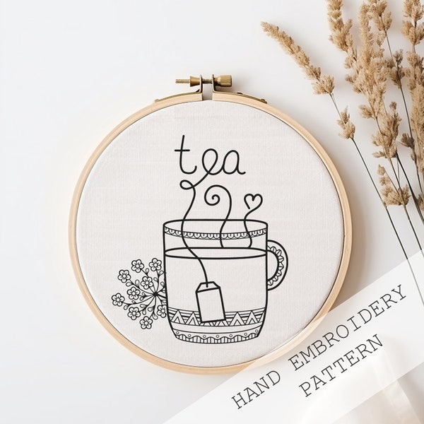 Tea Time Embroidery Pattern, Tea Party Embroidery, Tea Cup Pattern, Hand Embroidery Pattern ,Embroidery, Flower Tea Cups Embroidery Pattern