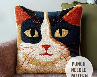 Colorful Kitten Pillow Cover Punch Needle Pattern, Cat lovers gift (PDF Download)
