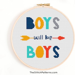 boys will be Boys, Embroidery Hoop Art, cross stitch art, boys cross stitch, easy cross stitch, kids cross stitch, embroidery hoop art quote