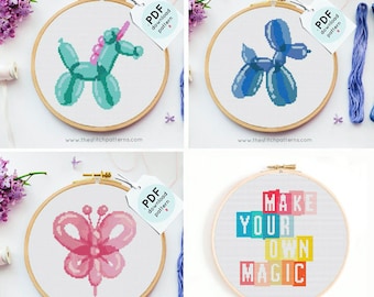 Set of 4 cross stitch patterns, Cute  cross stitch, Modern cross stitch, dog, unicorn, butterfly, Nursery cross stitch pattern, pdf chart