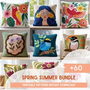 May include: A collection of decorative throw pillows with embroidered designs. Pillows feature colorful birds, floral patterns, and a woman's face. The pillows are square-shaped and made of a textured fabric, perfect for adding a touch of spring to any room.