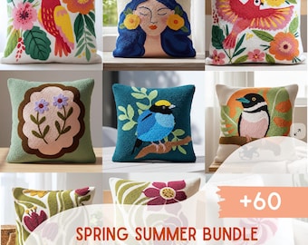 Spring Summer Punch Needle Pattern Bundle, Beginner DIY Embroidery (PDF Download, printable file)