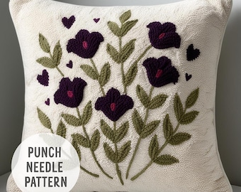 Violet Flower Punch Needle Pattern: Floral Pillow Cover, tufted look (PDF Pattern)