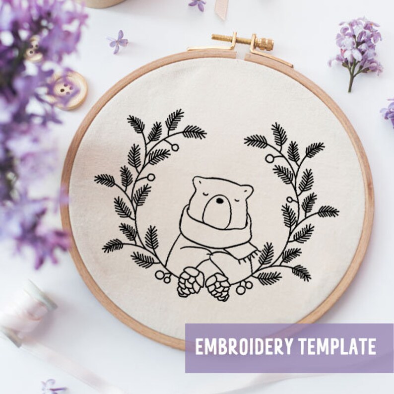 Winter Animal Bear Hand Embroidery Pattern Embroidery Etsy
