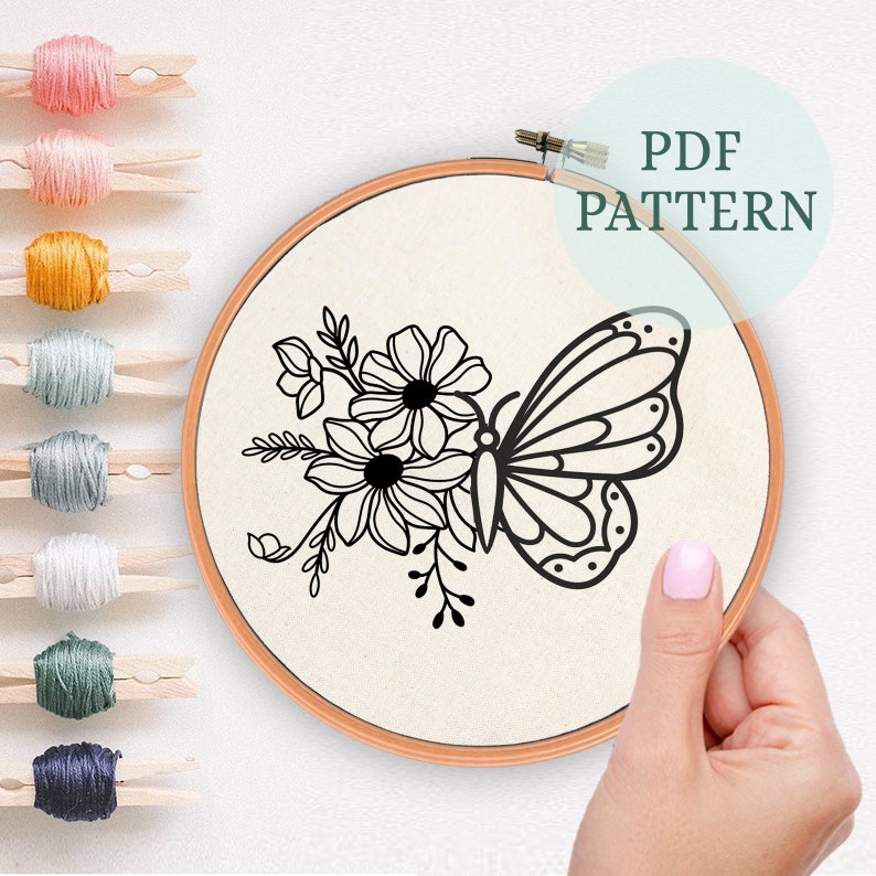 Butterfly Embroidery Pattern Flower Hand Embroidery Flower - Etsy
