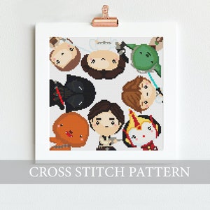 May include: Cross stitch pattern featuring a grid of nine cartoon characters from the Star Wars franchise. The characters include Luke Skywalker, Princess Leia, Darth Vader, Yoda, Chewbacca, R2-D2, C-3PO, Han Solo, and a Stormtrooper.