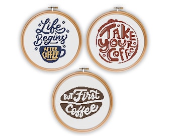 Coffee Quotes Cross Stitch Pattern, Kitchen Decor (Printable PDF)
