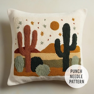 Motivo a punzone per cactus nel deserto, decorazioni in stile sud-occidentale, artigianato naturalistico fai da te, motivo con scena di cactus, ricamo a punto cactus, decorazioni boho fai da te