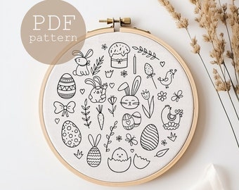 Op de afbeelding: Een zwart-wit borduurpatroon met illustraties met een paasthema, waaronder konijnen, kuikens, eieren, bloemen en een taart. Het patroon wordt weergegeven op een witte stoffen ring.