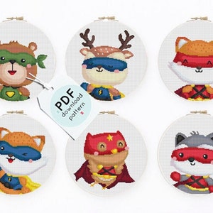 Superhero Animals Cross Stitch Pattern Set (PDF Download)