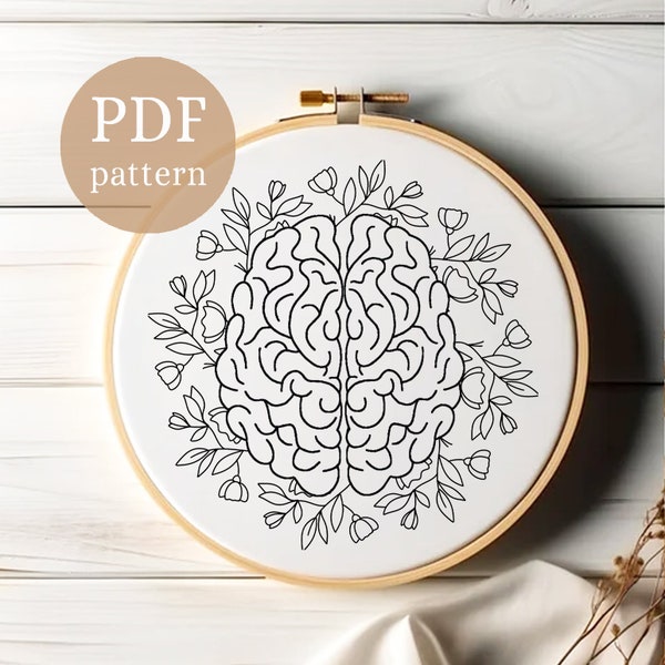 Brain Flower Embroidery Pattern, Brain Embroidery, Human Organ Embroidery Pattern, Flower Hand Embroidery Pattern, Floral Embroidery Pattern