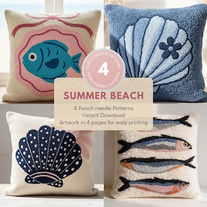May include: Four decorative throw pillows with marine-themed designs. One pillow features a blue fish, another a blue seashell, a third a navy seashell, and the last, four fish. The text "SUMMER BEACH" and "4 Punch needle Patterns" is also visible.