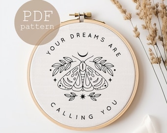Motivational Embroidery Pattern: Moth & 'Your Dreams' Design, Needlepoint (PDF Download)