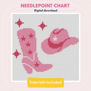 May include: A needlepoint chart digital download featuring a pink cowboy boot and a pink cowboy hat on a grid background. The design includes small pink star icons and the text NEEDLEPOINT CHART, Digital download, and Tutorials Included.