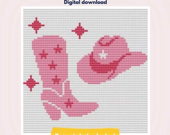 Cowgirl Needlepoint Pattern, PDF Digital Chart Download, Pink Cowboy Boot & Hat Design, Western Stitch Counted Chart, Ranch DIY decor