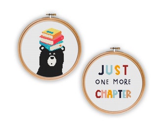 Reading Cross Stitch Pattern Set: Bear & Book Quote (Digital PDF)