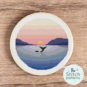 Point de croix de mer, modèle PDF, point de croix paysage, point de croix Nature, point de croix moderne, point de croix vague, point de croix baleine, broderie