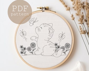 Cat Floral Embroidery Pattern, DIY Kitten Silhouette (PDF Pattern)