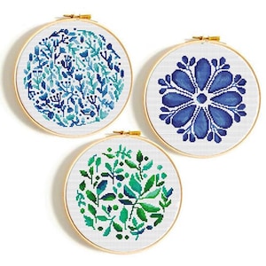 Conjunto de três plantas ponto cruz padrão pdf folha ponto cruz moderno, ponto cruz floral, folhas ponto cruz botânico ponto cruz em casa