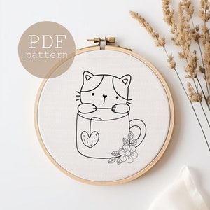 Cat Line Drawing, Hand Embroidery Design Template, Floral Designs, Cute cat line art embroidery, Teacup Embroidery Design, Boho Hoop Art