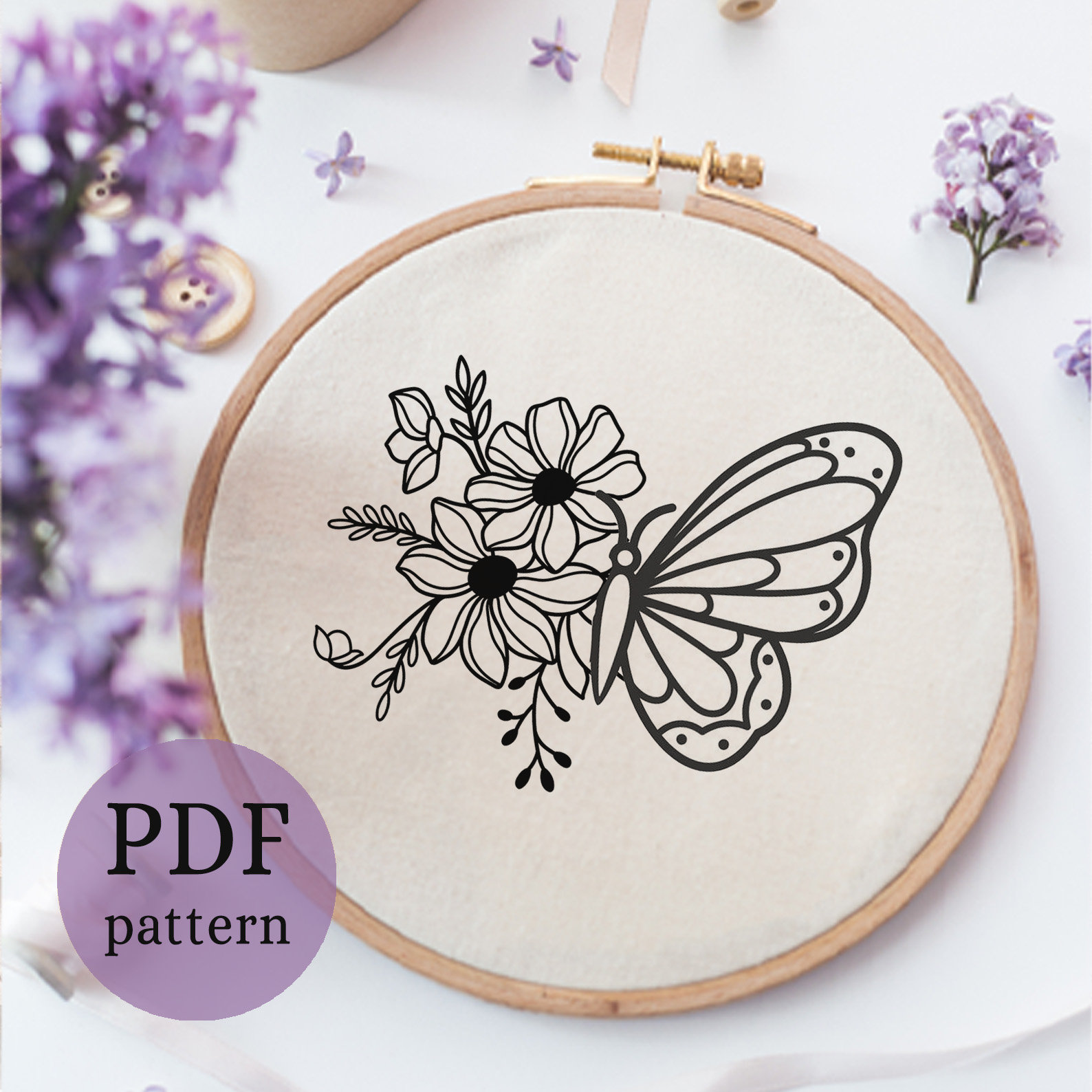 花と蝶の刺繍アート 2色の刺繍糸で楽しむ花と蝶の刺繍図案* ステップ7 〜蝶の刺繍4