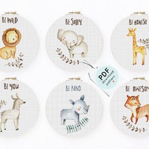 Bébé au point de croix bébé SET de 6 pépinière décor Safari Animal motif de point de croix Lion animaux facile point de croix PDF, pépinière Safari animaux