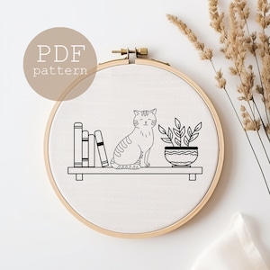 Cat Silhouette Embroidery PDF, Embroidery Pattern,Modern Hand Embroidery PDF Pattern, Cat lovers, book lovers, Cute cat pattern, Pdf Pattern