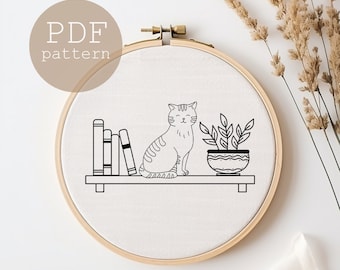 Cat Silhouette Embroidery PDF, Embroidery Pattern,Modern Hand Embroidery PDF Pattern, Cat lovers, book lovers, Cute cat pattern, Pdf Pattern