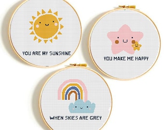 Set of 3 weather Chart cross stitch patterns, girls cross stitch, Modern cross stitch patterns,Sun,rainbow,star,embroidery, Instant Download