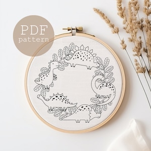 Dinosaur Embroidery Pattern: Dino Silhouette Wreath, needlepoint (PDF Pattern)