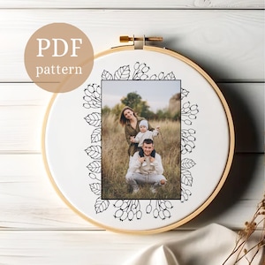 Floral photo frame embroidery pattern, floral picture frame, hand embroidery design, digital PDF pattern, needlepoint beginner, DIY gift