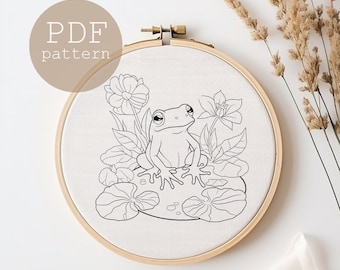 PDF Pattern, Frog design, Beginner Embroidery, Embroidery trendy, Animal embroidery pattern, Embroidery pdf, Hoop Art, Cute frog design