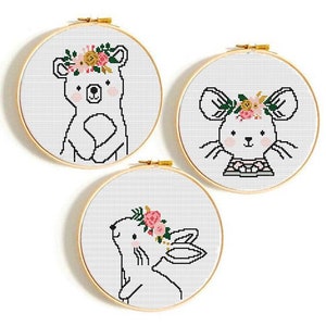 Set of 3 Cross Stitch pattern,Baby Cross stitch pattern, Floral animals,counted animals cross stitch chart,Forest Pattern,girls cross stitch