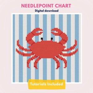 May include: A needlepoint chart digital download featuring a red crab centered on a light blue and white vertical striped background. The text NEEDLEPOINT CHART, Digital download, and Tutorials Included are visible on the design.