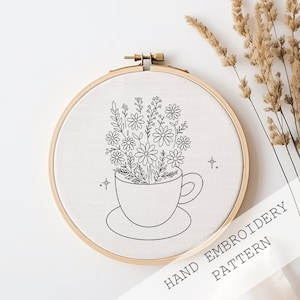 Puede incluir: Un dibujo en blanco y negro de una taza con flores dentro, sobre un fondo blanco. La taza está sobre un platillo. La imagen está en un aro de bordado de madera. El texto "HAND EMBROIDERY PATTERN" está en la parte inferior de la imagen.