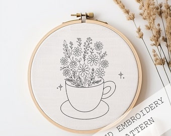 Teacup Floral Embroidery Pattern: Tea Lover DIY Hoop Art (PDF)