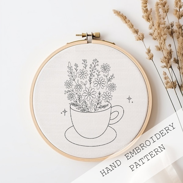 Tea Lover Embroidery Pattern, Instant Download, Teacup Embroidery, Hoop art, Kettle Embroidery, Gift For Tea Lover, Tea Gift, Handmade Gift