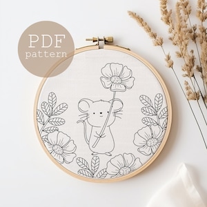 Mouse Hoop Art, Nature Hoop Art, Cottage Core Hand Embroidery, Mouse Thread Painting Pattern, Cottagecore Embroidery Design, Needle Painting