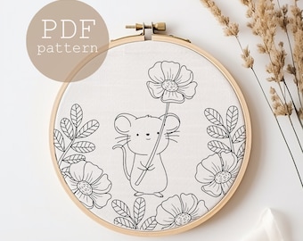 Mouse Embroidery Pattern: Cottagecore Floral Hoop Art (PDF Pattern)