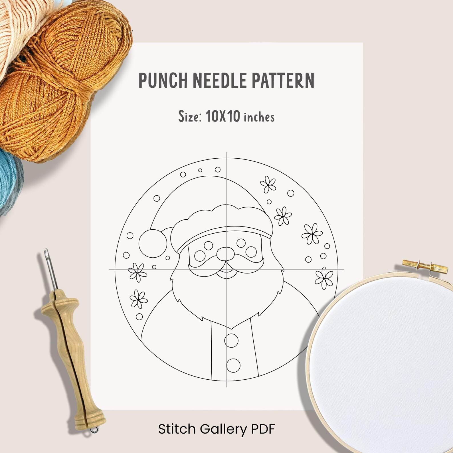 Santa Claus Punch Needle Coaster Pattern: Christmas Holiday Decor ...