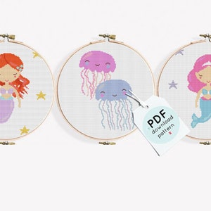 Mermaid set of 3, cross stitch patterns, Modern Cross Stitch , jellyfish cross stitch, Childrens Decor Nursery, mermaid cross stitch pattern