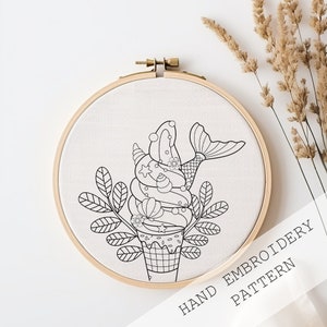 PDF Pattern, Summer Sweet, Mermaid Ice Cream Cone Embroidery Pattern, DIY Embroidery, Hand Embroidery, Floral Embroidery, mermaid embroidery