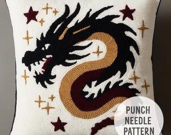 May include: White pillow with a black and gold embroidered dragon design. The pillow has a black border and the words "Punch Needle Pattern" are printed in the bottom right corner.